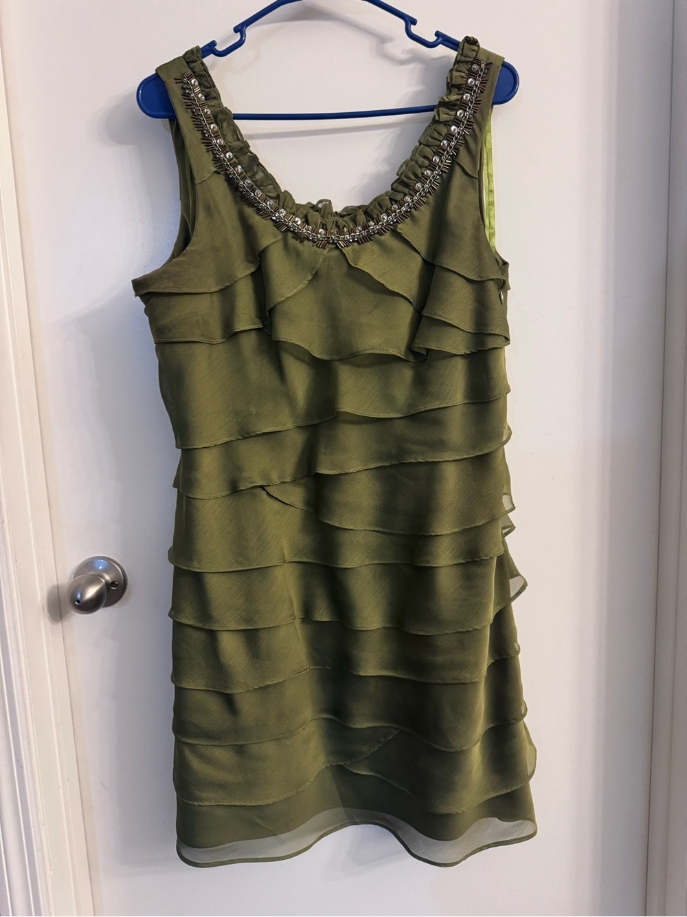 SL Fashions Olive Green Tiered Beaded Neckline Mini Dress - Picture 2 of 6